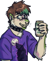 drawing of Rozkurwiacz, a pale-skinned werewolf with patches of green and white fur.
    she's holding a beer in her hand while smiling.